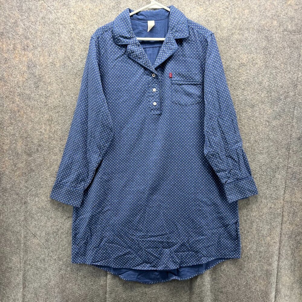 Levi's Strauss Pajama Shirt Womens XL Blue Navy Polka Dots Buttons Long Pocket